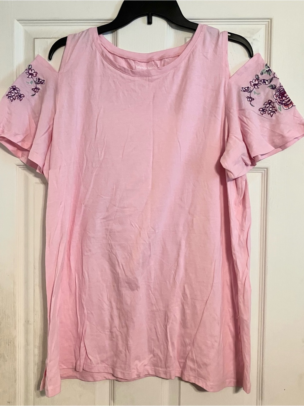 Woman Within Pink Floral Embroidered Cold Shoulder Flutter Sleeve Tee Top M